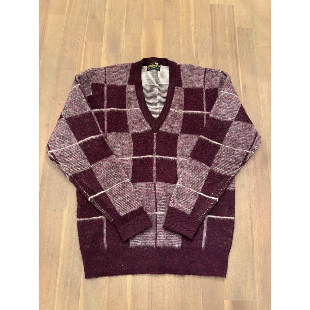 Vintage‎ Holden 100% Lambs Wool V Neck Plaid Sweater Size 38